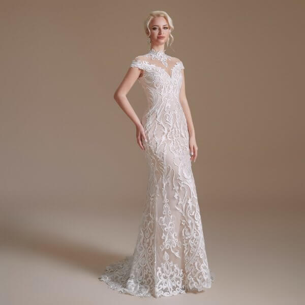 simple high neck sleeveless long mermaid wedding dress 1061