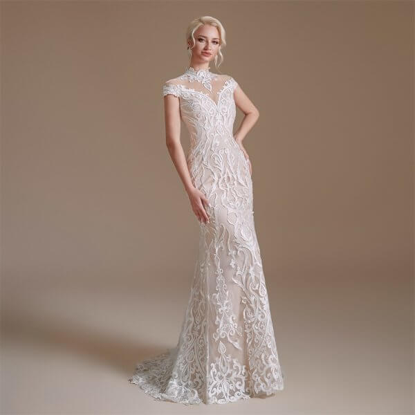 simple high neck sleeveless long mermaid wedding dress 1061