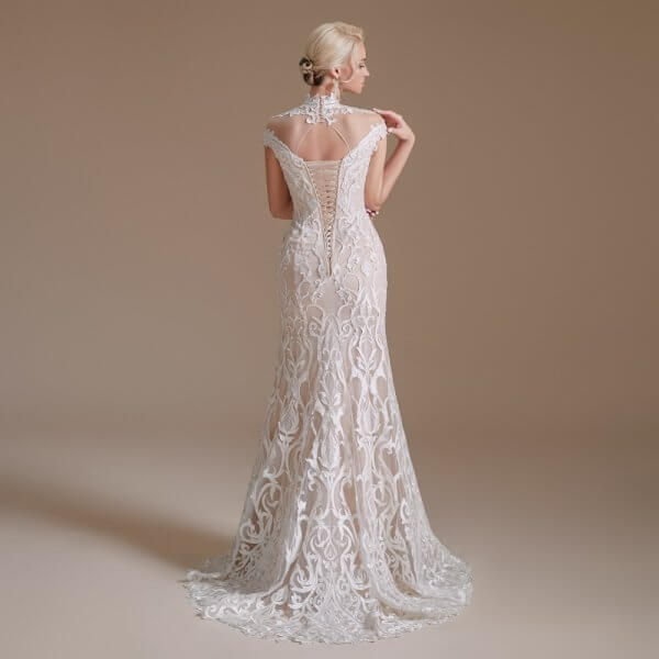 simple high neck sleeveless long mermaid wedding dress 1061