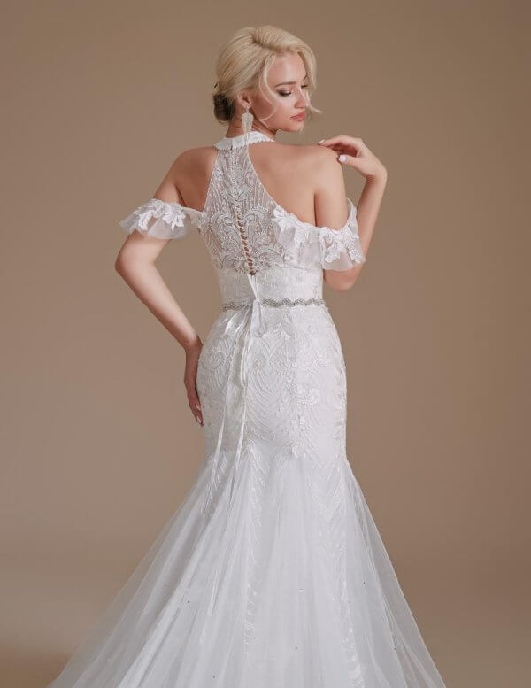 simple halter neck sleeveless lace long mermaid wedding dress 1064