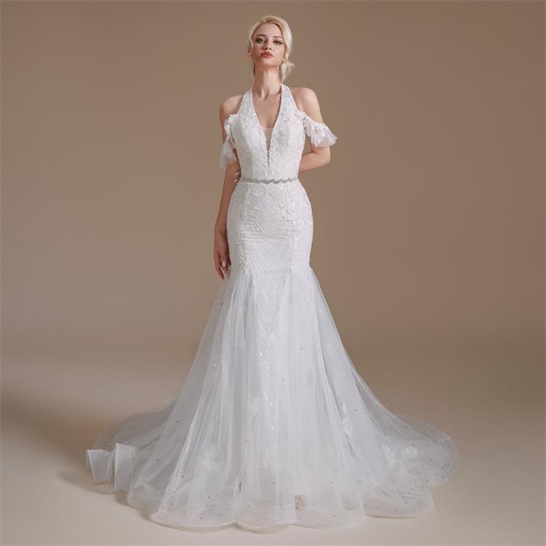 simple halter neck sleeveless lace long mermaid wedding dress 1064