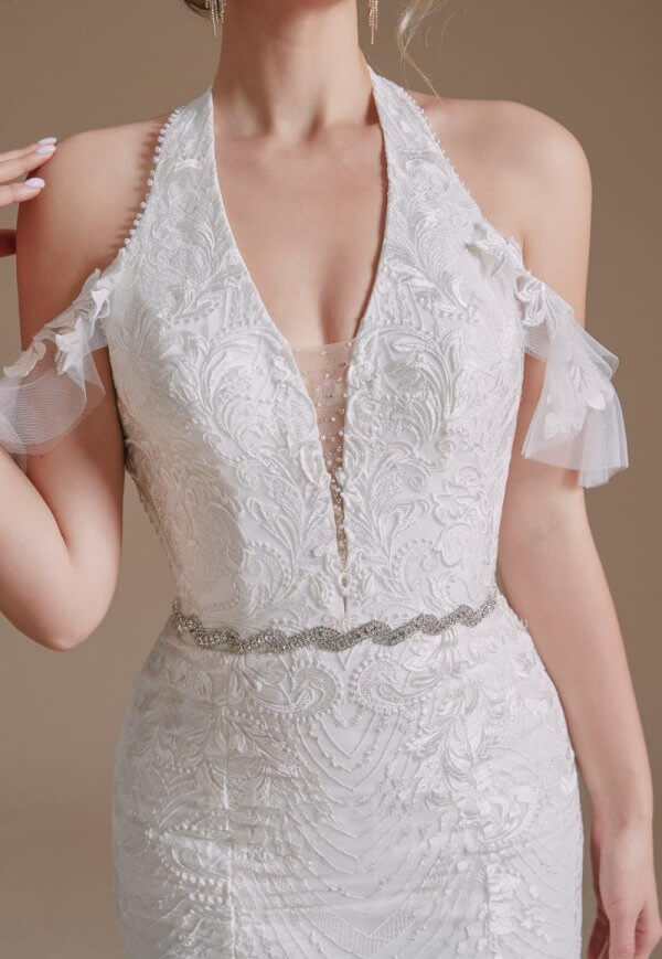 simple halter neck sleeveless lace long mermaid wedding dress 1064