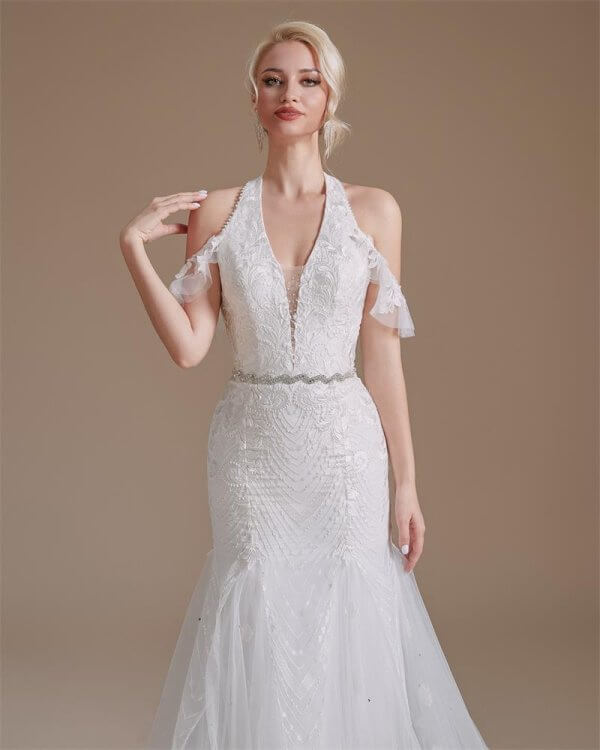 simple halter neck sleeveless lace long mermaid wedding dress 1064