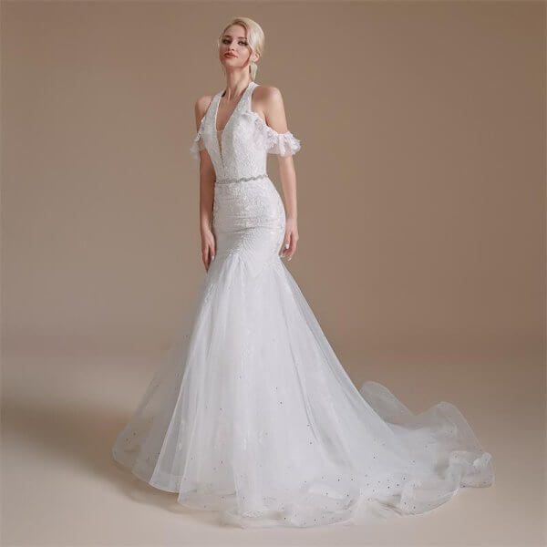 simple halter neck sleeveless lace long mermaid wedding dress 1064
