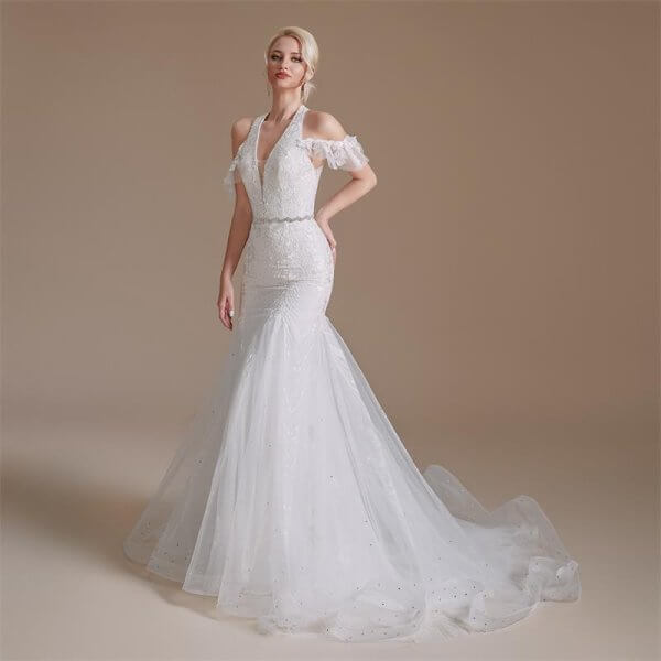 simple halter neck sleeveless lace long mermaid wedding dress 1064