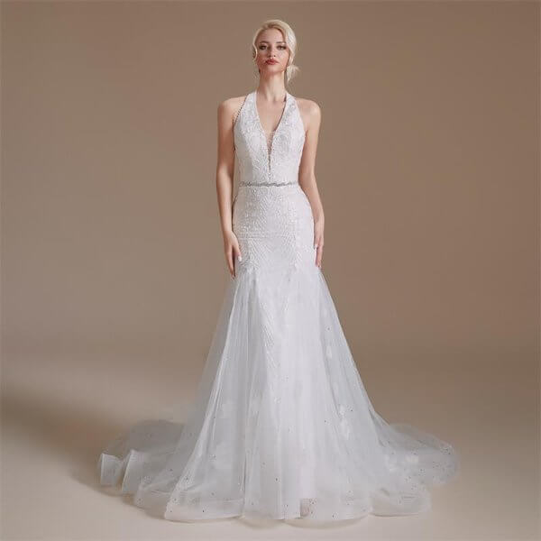 simple halter neck sleeveless lace long mermaid wedding dress 1064