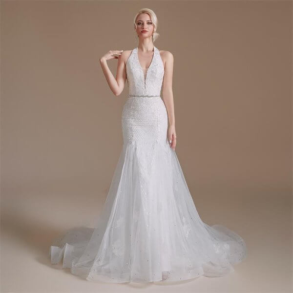 simple halter neck sleeveless lace long mermaid wedding dress 1064