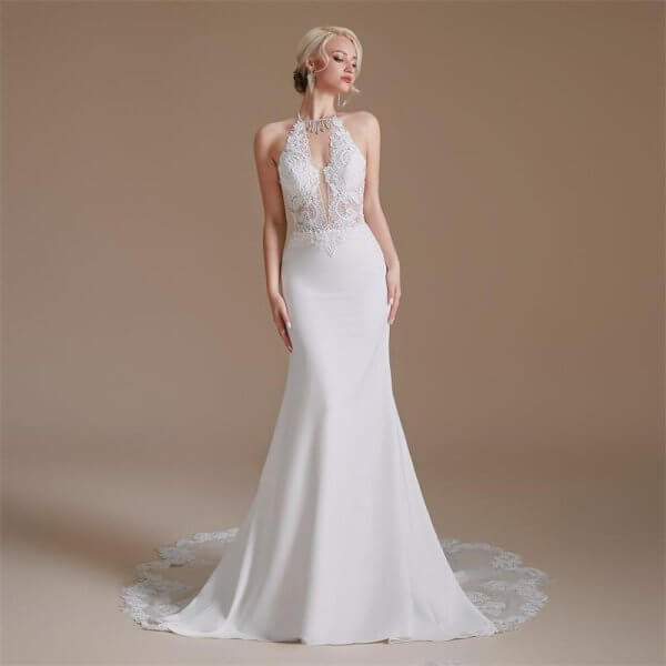 open back halter neck sleeveless lace long mermaid wedding dress 1065