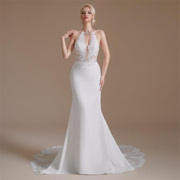 open back halter neck sleeveless lace long mermaid wedding dress 1065