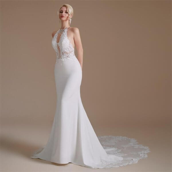 open back halter neck sleeveless lace long mermaid wedding dress 1065