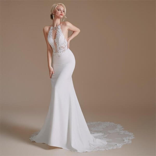 open back halter neck sleeveless lace long mermaid wedding dress 1065