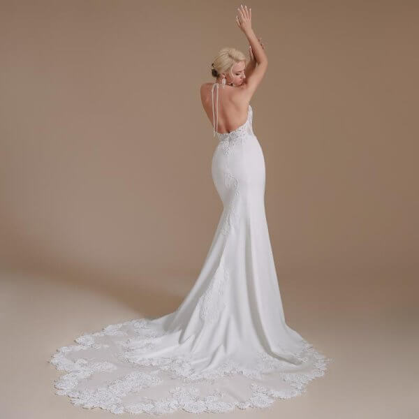 open back halter neck sleeveless lace long mermaid wedding dress 1065