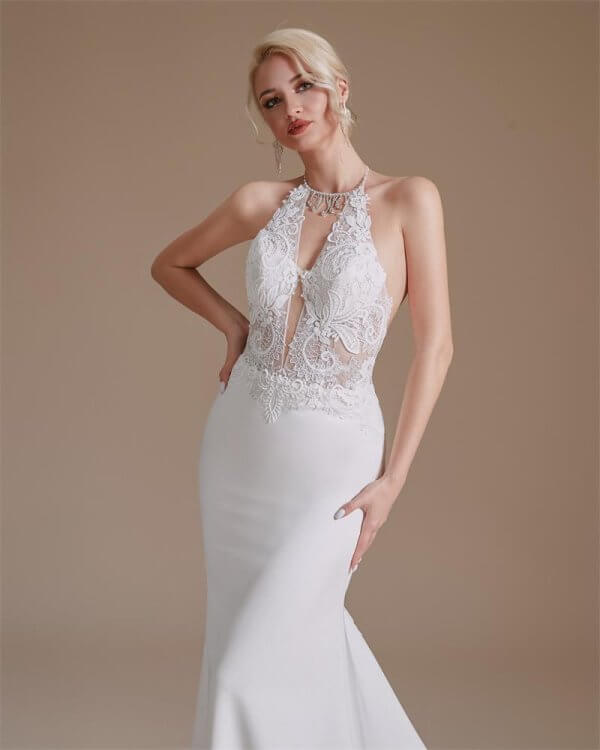 open back halter neck sleeveless lace long mermaid wedding dress 1065