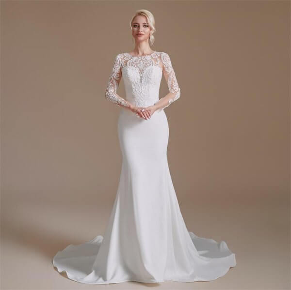Elegant O Neck Long Sleeve Lace Mermaid Wedding Dress 1066