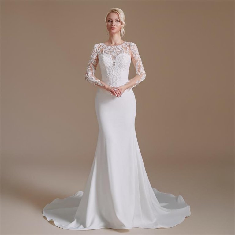 Elegant O Neck Long Sleeve Lace Mermaid Wedding Dress 1066