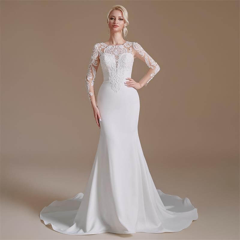 elegant o neck long sleeve lace mermaid wedding dress 1066