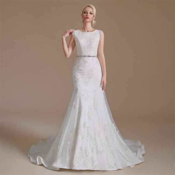 elegant scoop neck lace belt long mermaid wedding dress 1068