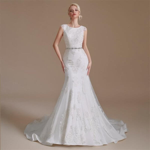 elegant scoop neck lace belt long mermaid wedding dress 1068
