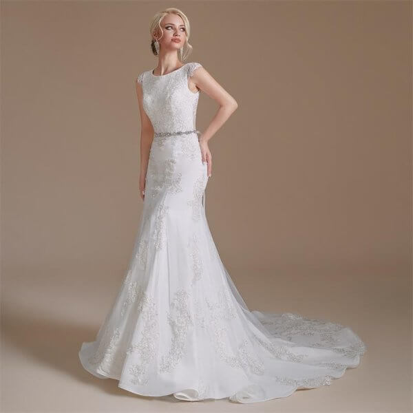 elegant scoop neck lace belt long mermaid wedding dress 1068