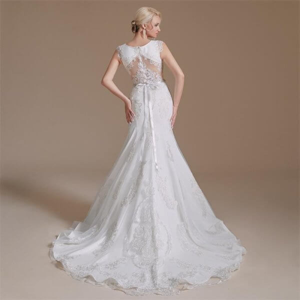 elegant scoop neck lace belt long mermaid wedding dress 1068