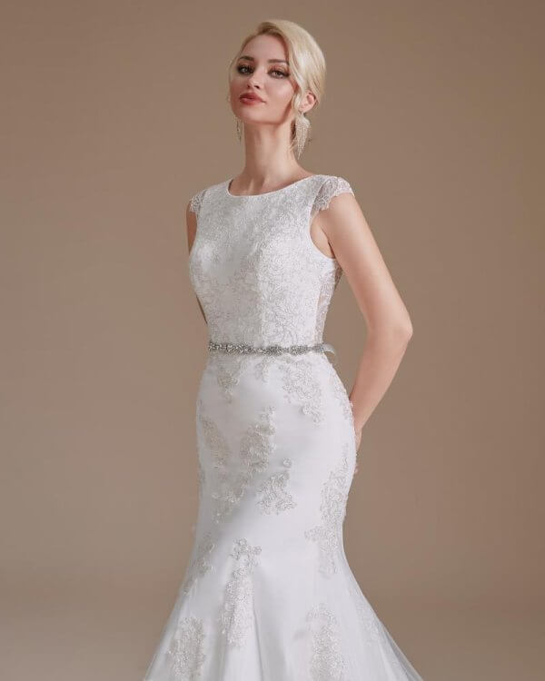 elegant scoop neck lace belt long mermaid wedding dress 1068