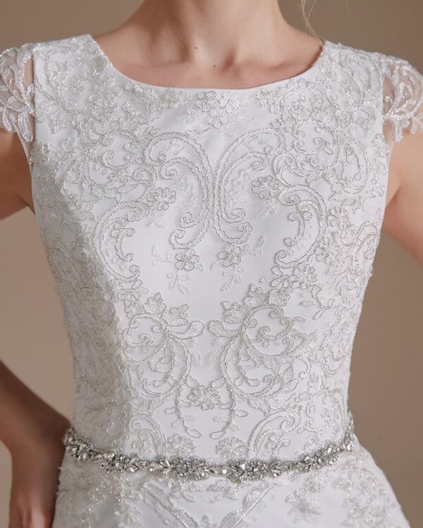 elegant scoop neck lace belt long mermaid wedding dress 1068