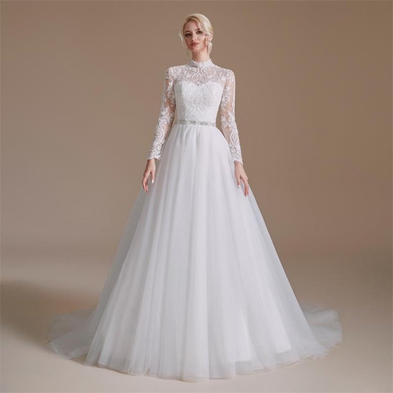 elegant high neck lace belt long sleeve mermaid wedding dress 1069