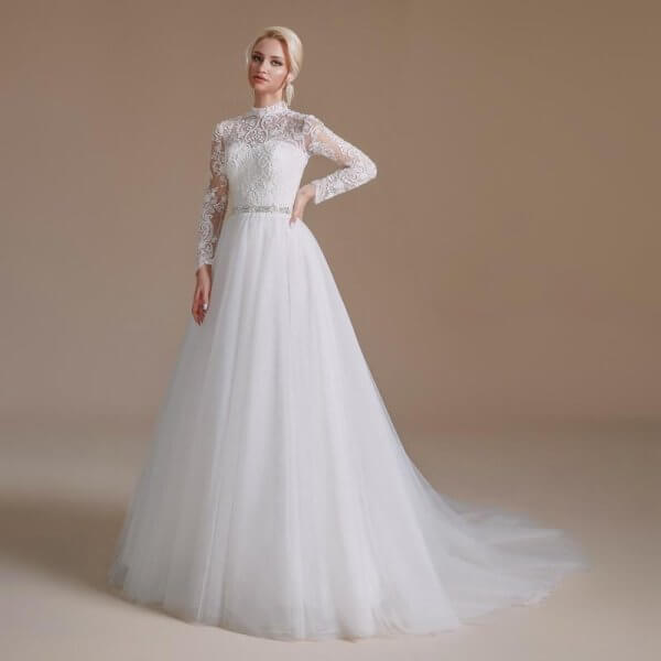 elegant high neck lace belt long sleeve mermaid wedding dress 1069