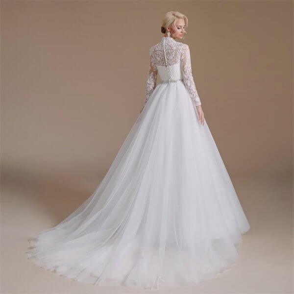 elegant high neck lace belt long sleeve mermaid wedding dress 1069
