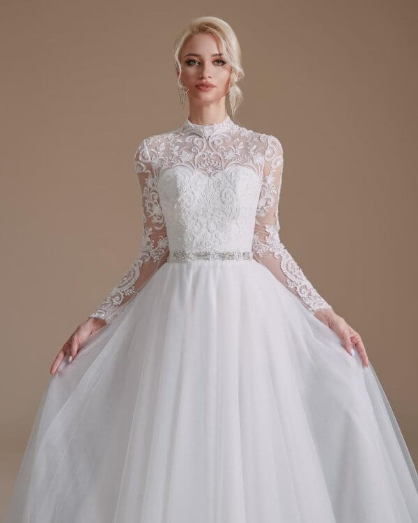 elegant high neck lace belt long sleeve mermaid wedding dress 1069