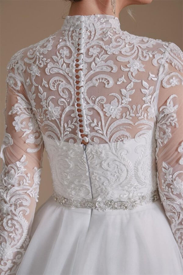 elegant high neck lace belt long sleeve mermaid wedding dress 1069