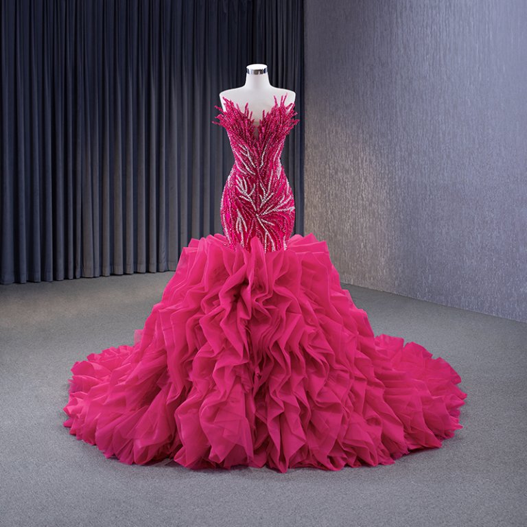 modest hot pink sleeveless beading mermaid formal evening gown 231040