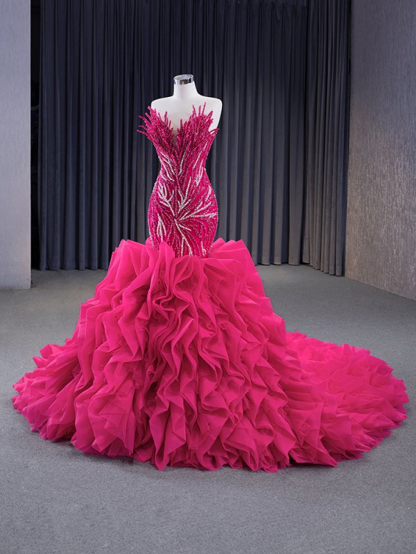 modest hot pink sleeveless beading mermaid formal evening gown 231040