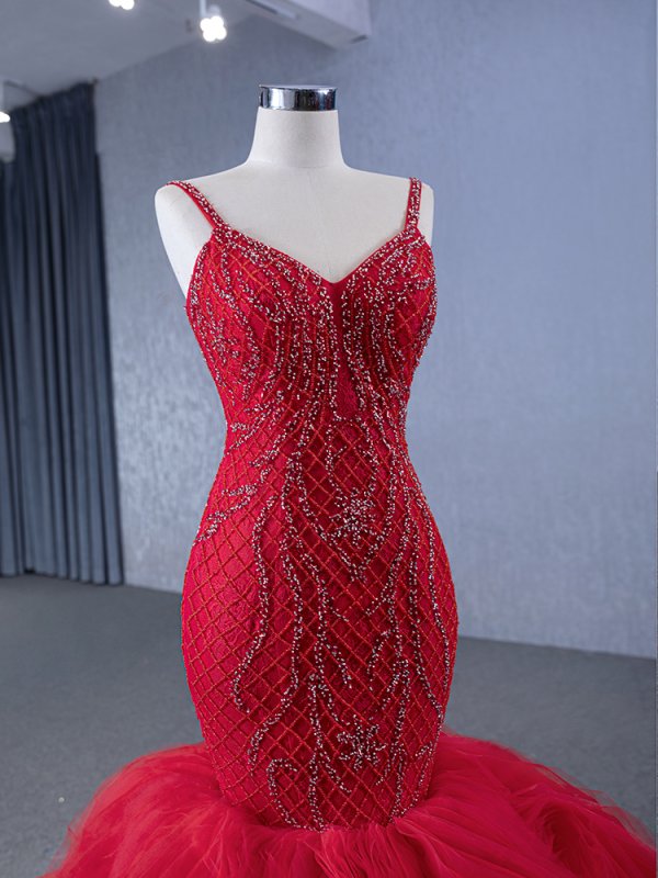 red spaghetti sleeveless beading mermaid formal evening gown 231142