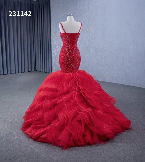 red spaghetti sleeveless beading mermaid formal evening gown 231142
