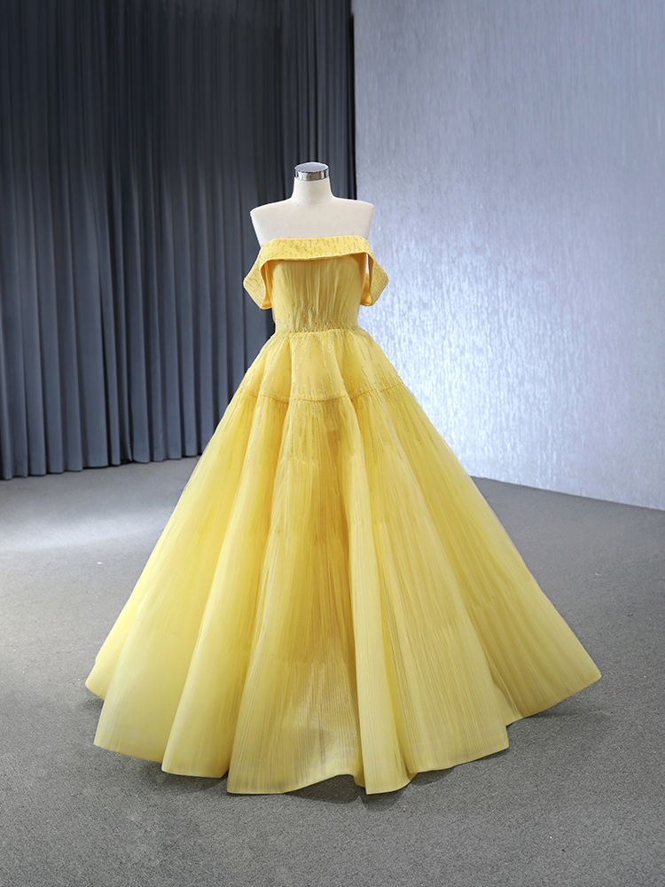 yellow sleeveless beading a line formal evening gown 241002