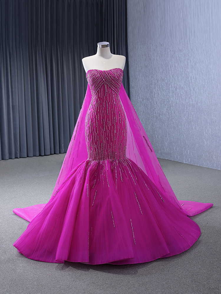 hot pink sleeveless beading mermaid formal evening gown 241004