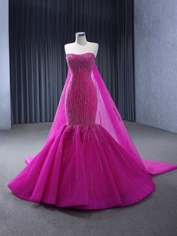 hot pink sleeveless beading mermaid formal evening gown 241004