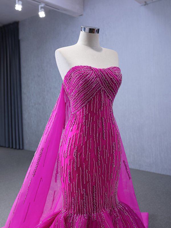 hot pink sleeveless beading mermaid formal evening gown 241004