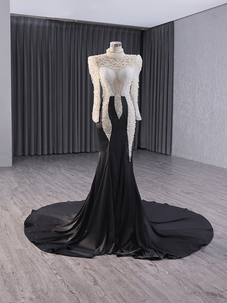 Modest Long Sleeve Beading Mermaid Formal Evening Gown 241007