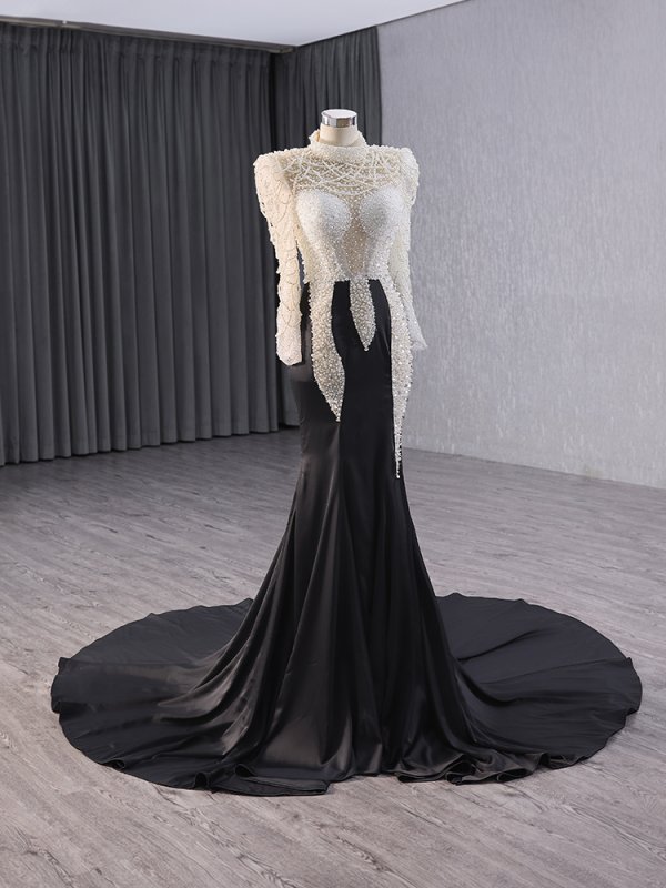modest long sleeve beading mermaid formal evening gown 241007