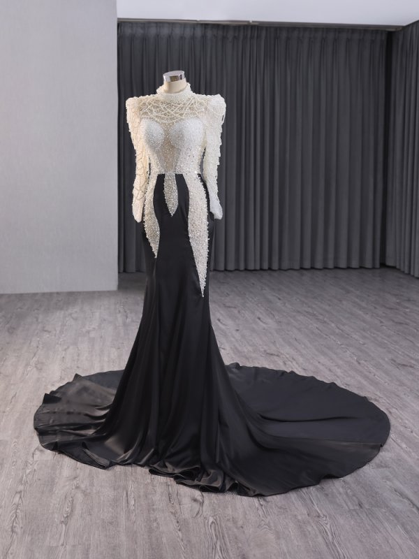 modest long sleeve beading mermaid formal evening gown 241007