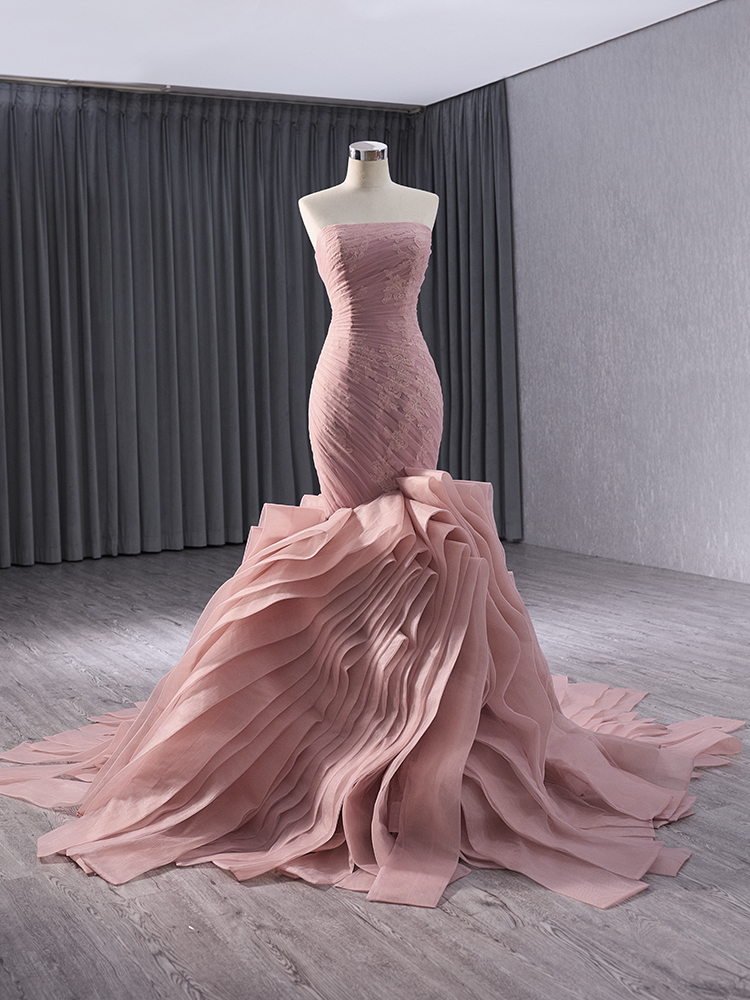 pink pleat sleeveless applique sweep strain mermaid formal evening gown 241014