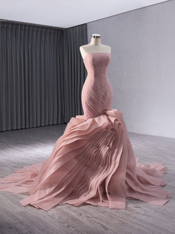 pink pleat sleeveless applique sweep strain mermaid formal evening gown 241014
