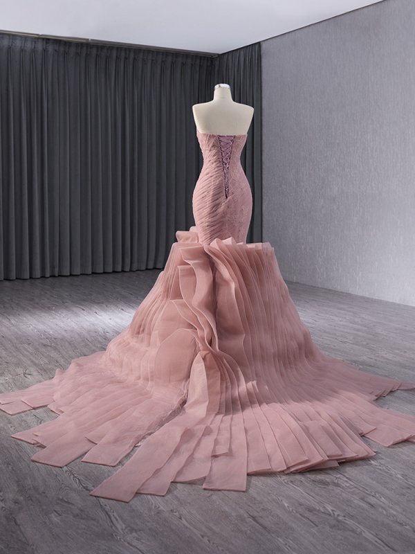 pink pleat sleeveless applique sweep strain mermaid formal evening gown 241014