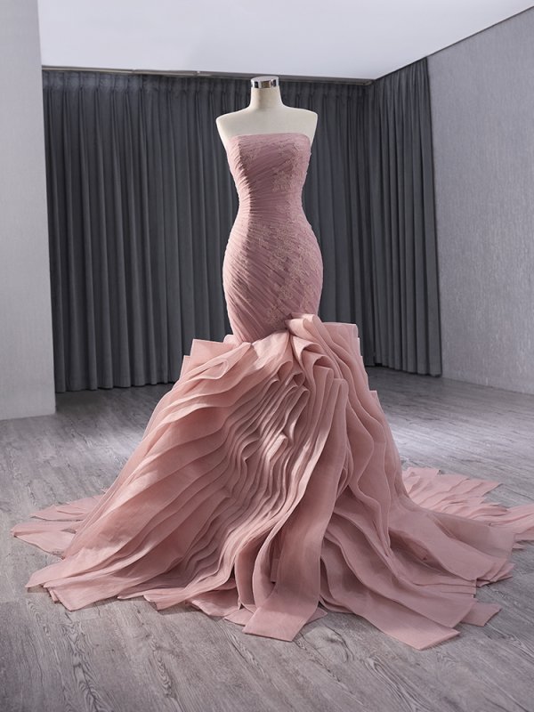 pink pleat sleeveless applique sweep strain mermaid formal evening gown 241014