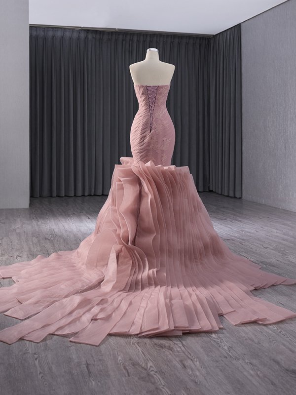 pink pleat sleeveless applique sweep strain mermaid formal evening gown 241014