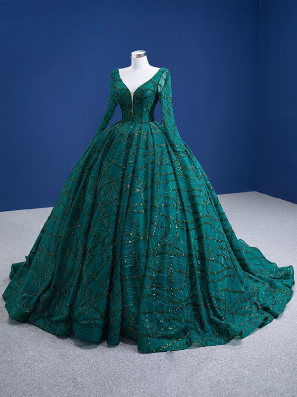 luxury model green long sleeve beading ball gown quinceanera dress 67391