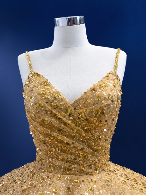 gold v neck pleats beading ball gown quinceanera dress 67455