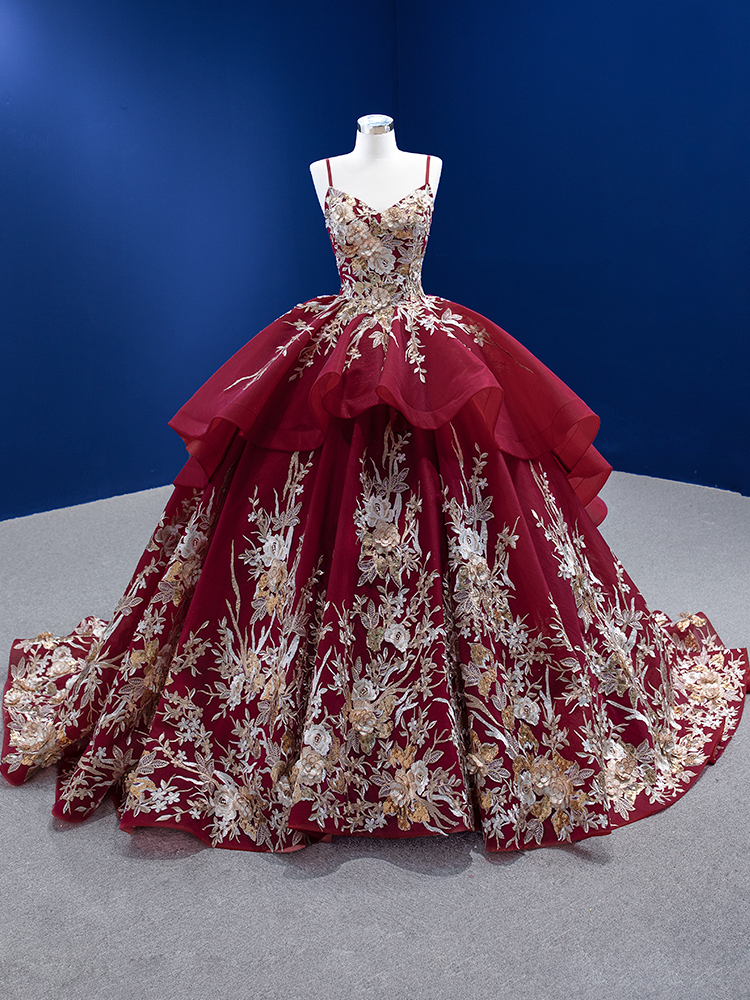 burgundy gold applique sleeveless sweep strain ball gown quinceanera dress 67467